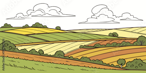 A colorful landscape of fields and clouds Vector