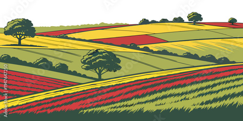A colorful field with rows of red and yellow flowers Vector