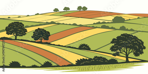 A colorful illustration of rolling hills and trees Vector