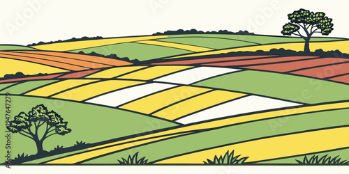 A colorful landscape with trees and fields of different colors Vector