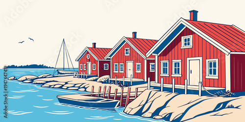 A row of red houses on a dock by the water Vector