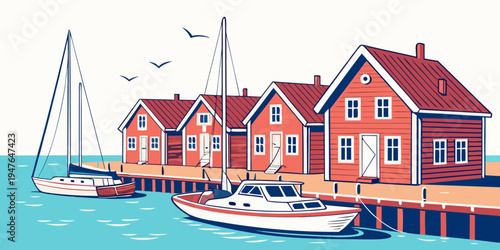A row of houses on a dock by the water Vector