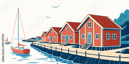 A row of colorful houses on a dock by the water Vector