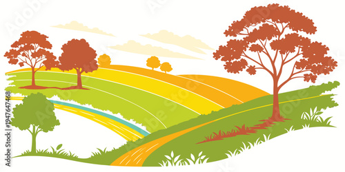 A colorful landscape with trees on rolling hills Vector