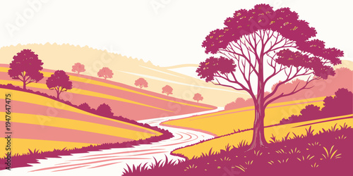 A tree stands alone by a winding stream in a rural landscape Vector