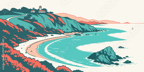 A scenic coastal landscape with a winding road Vector