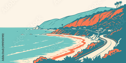 A winding road along a scenic coastline Vector