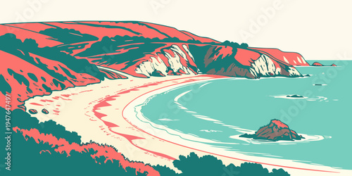 A serene beach with a small island in the ocean Vector