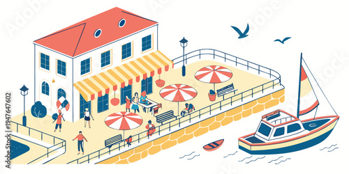 A beachside building with a boat docked nearby Vector