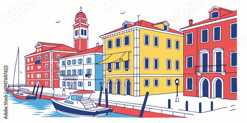 Colorful buildings along a canal with boats Vector
