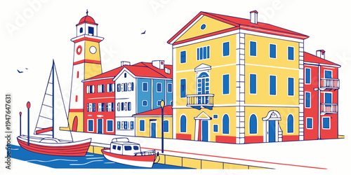 A colorful illustration of a harbor with buildings and a lighthouse Vector