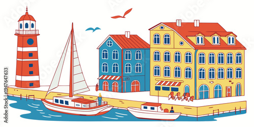 A colorful illustration of a seaside town with a lighthouse and buildings Vector