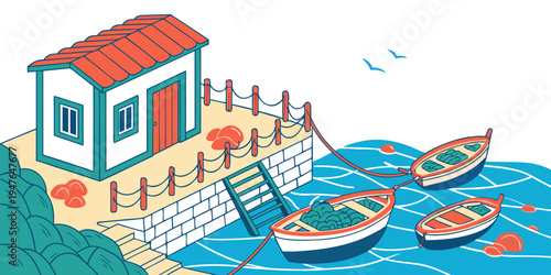 A small house with a red roof and boats on the water Vector