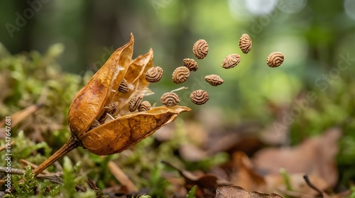 Microscopic view of dried seed pod exploding from tension and scattering intricately textured seeds