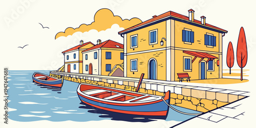 A colorful illustration of a seaside town with boats and buildings Vector