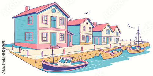 A colorful illustration of a row of houses by the waterfront Vector