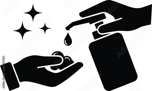 Hand sanitizer icon set with disinfectant bottle washing hands soap bubbles and sparkle hygiene symbols vector illustration for health safety