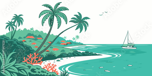 A tropical island with palm trees and red flowers by the sea Vector