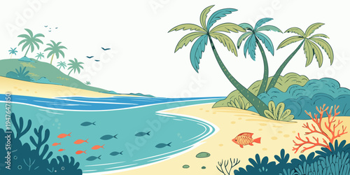 A tropical beach with palm trees and colorful fish Vector