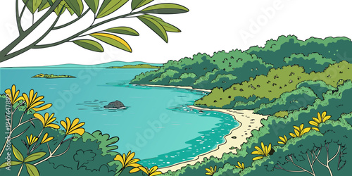 A serene tropical beach with lush greenery and turquoise water Vector