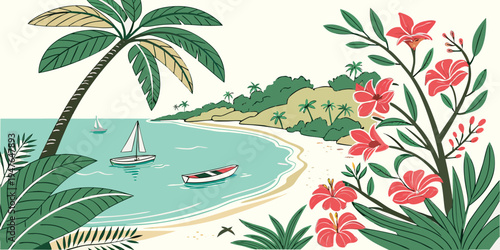 A tropical beach scene with palm trees and pink flowers Vector