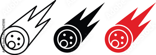 Three stylized comets or rockets in black white and red