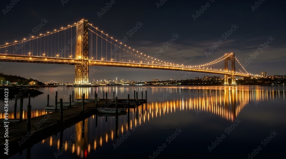 Fototapeta premium Elegant suspension bridge glowing warmly above calm harbor at night with glassy long exposure reflections