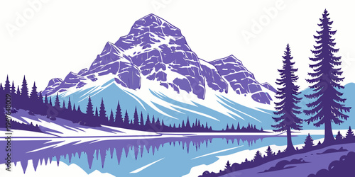 A serene mountain landscape with a lake and trees Vector