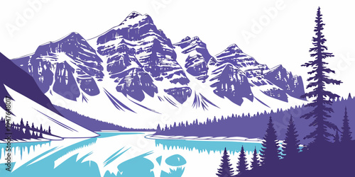 A serene mountain landscape with a lake and trees Vector