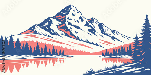 A serene mountain landscape with a lake and trees Vector