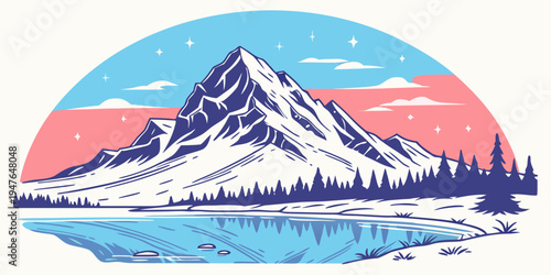 Snowy mountain peak at sunrise or sunset Vector