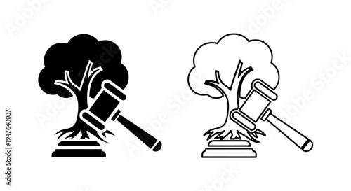Environmental law justice icon set with tree and gavel symbol