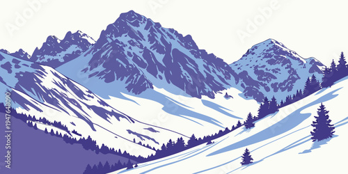 A snowy mountain range with trees and snow Vector
