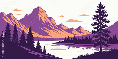 A serene mountain landscape with a lake and trees Vector