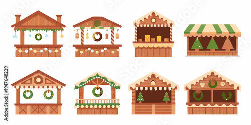 Colorful cartoon illustration of various christmas market stall designs