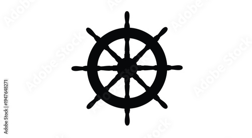 A black silhouette of a ship s wheel against a white background