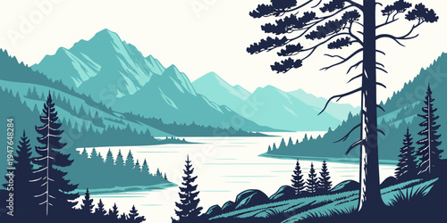 A serene mountain lake scene with trees and mountains Vector