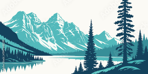 A serene mountain landscape with a lake and trees Vector