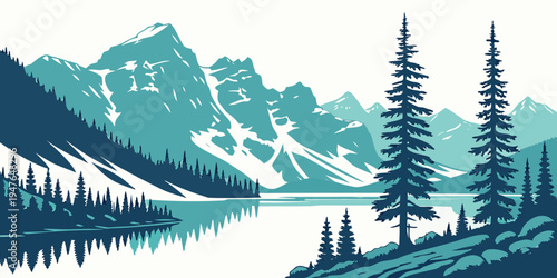 Serene mountain lake with trees and snowy peaks Vector