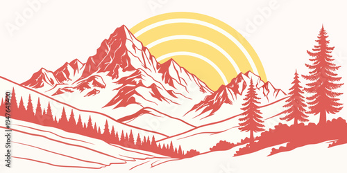 A mountain range with trees and a sun Vector