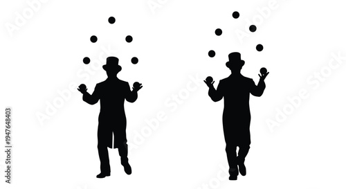 Silhouettes of two jugglers tossing balls in a performance setting