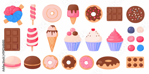 Colorful assortment of various sweet desserts including ice cream and donuts
