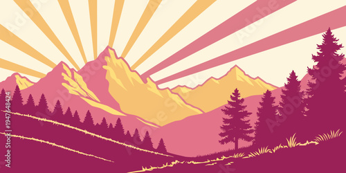 Sunrise over a mountain range with trees Vector