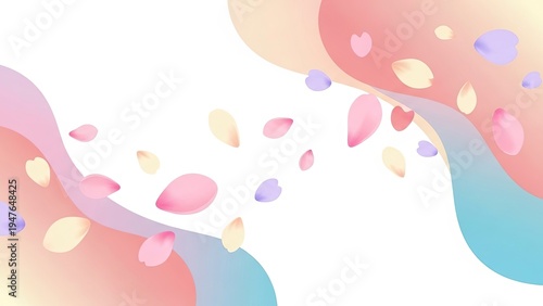 Abstract soft pastel background with falling cherry blossom petals and fluid wave shapes for spring season romantic floral design projects