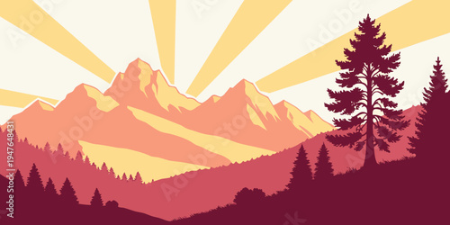 Sunrise over mountains with trees in foreground Vector