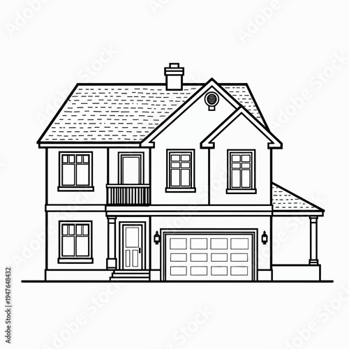 Elegant line art vector drawing of a classic two-story suburban residential house, ideal for real estate, property investment, or home mortgage design concepts.