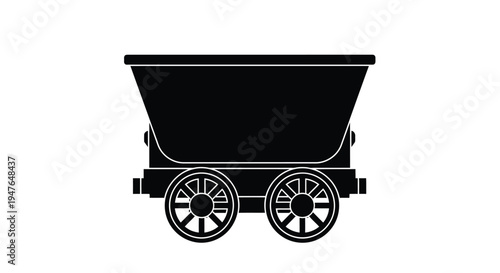 Simple black silhouette of a vintage mine cart with four wheels