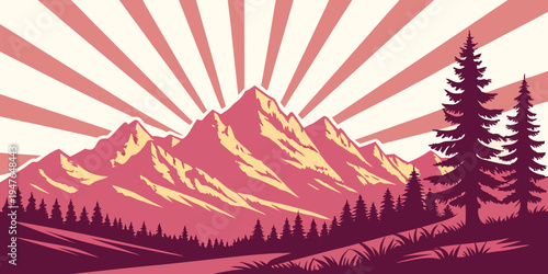 Sun rising behind mountain range with trees Vector