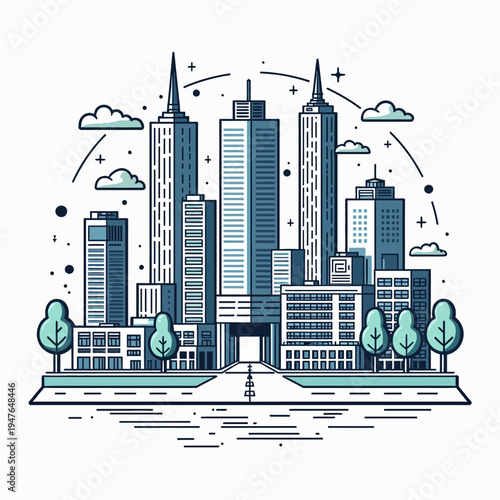 Detailed line art vector illustration of a modern city skyline featuring various tall skyscrapers, commercial buildings, and urban architectural structures.