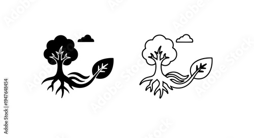 Tree with roots and leaf icon symbolizing nature, growth, and ecology